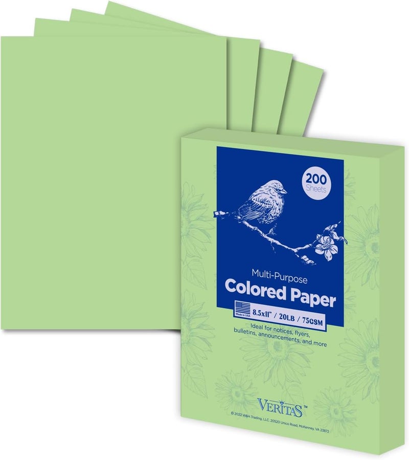 WritePads Veritas Colored Copy Paper, Green Colored Printer Paper 8.5” x 11”, 20 lb / 75 GSM, 200 Sheets (1 Reams) Computer Paper, Multi-Purpose paper, Made in USA - Image 1